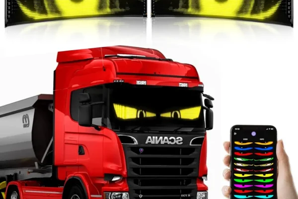 Two GOTUS LED Eyes flexible LED matrix panels mounted inside a truck windshield with USB cable routed along the pillar