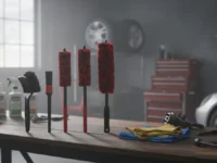 Detailed Wheel Brush Kit arranged on a wooden table in a car workshop.