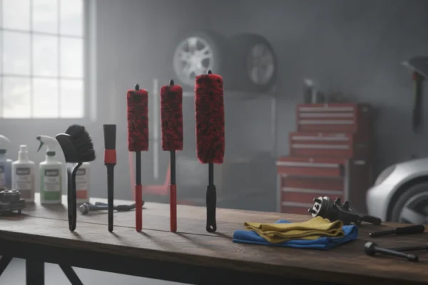Detailed Wheel Brush Kit arranged on a wooden table in a car workshop.