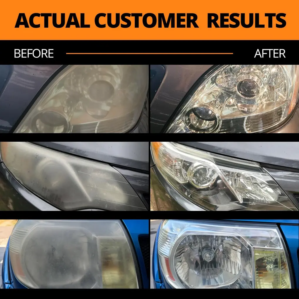 Vehicle front with one restored clear headlight and one hazy untreated headlight for comparison