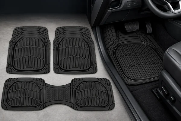 Black all-weather car floor mats arranged beside a mat installed in a vehicle’s driver-side footwell.
